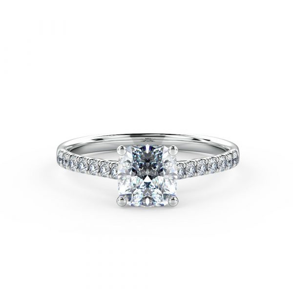Cushion cut diamond engagement ring beautifully set using a micro-claw setting