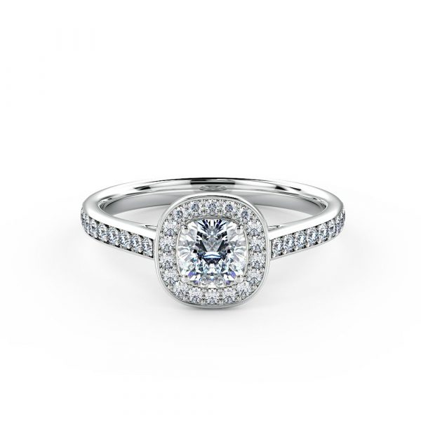 A stunning cushion halo engagement ring is beautifully set using a fine French pave setting