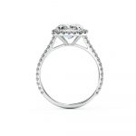 A stunning cushion halo engagement ring is beautifully set using a fine micro-claw